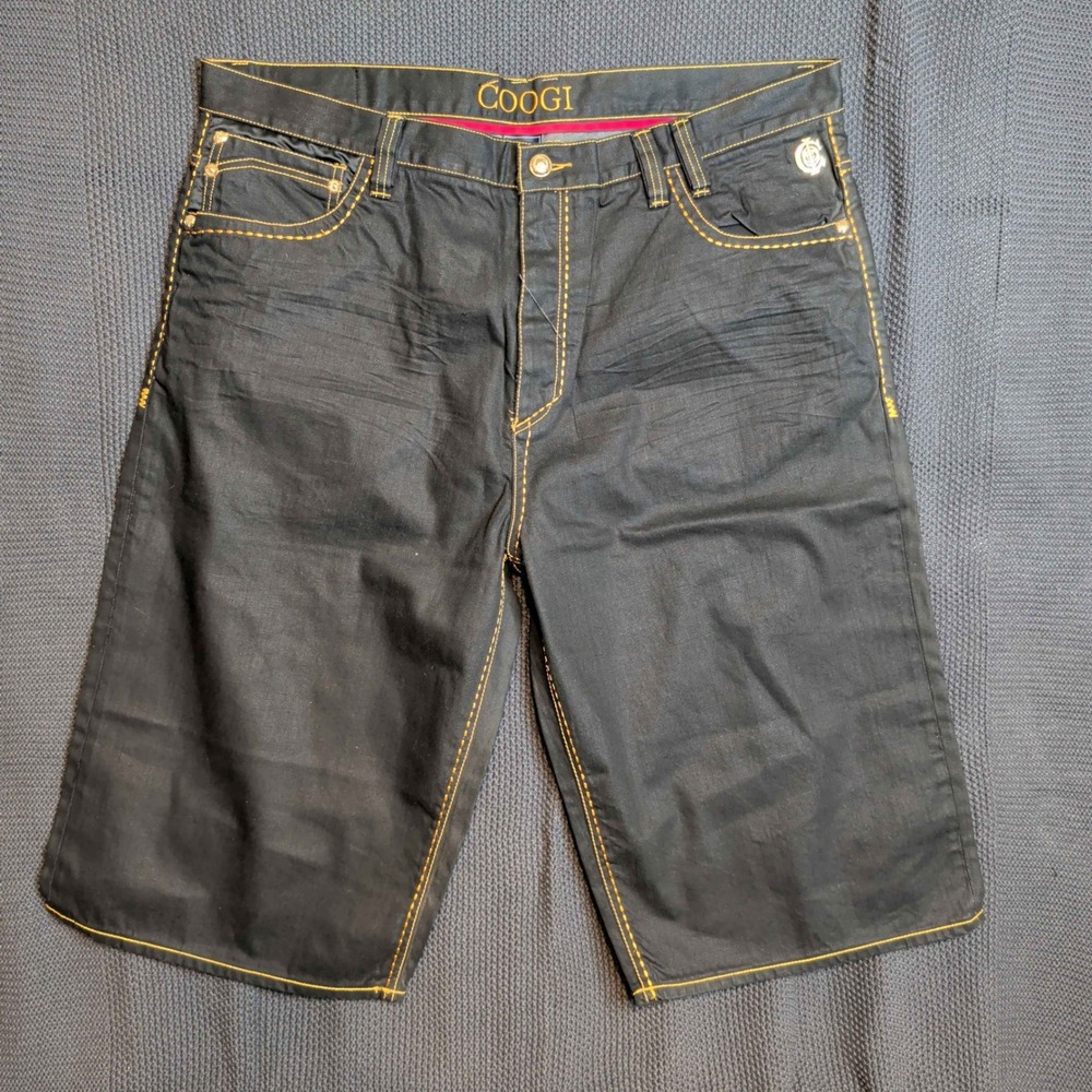 Coogi Denim Shorts Mens 46 Black Gold Embroidered Baggy Y2K Streetwear Hip Hop